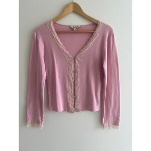 Vintage Jessica Sport Pink Lace Cropped Cardigan Y2K Coquette Romantic Ballet